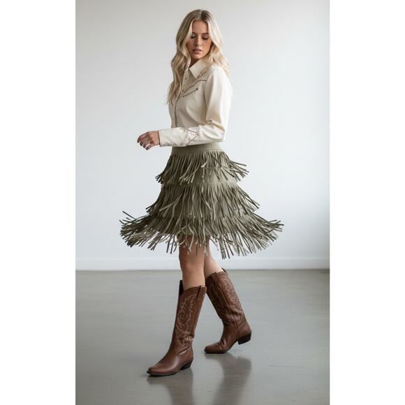 NWT Helmut Lang Olive Lambskin Fringe Mini Skirt S Western Boho Festival Leather - Picture 2 of 13